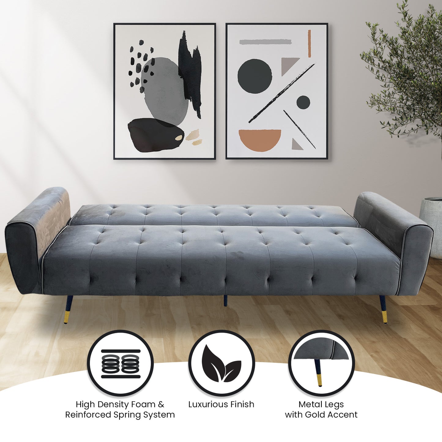 Milli 3-Seater Tufted Velvet Sofa Bed - Dark Grey