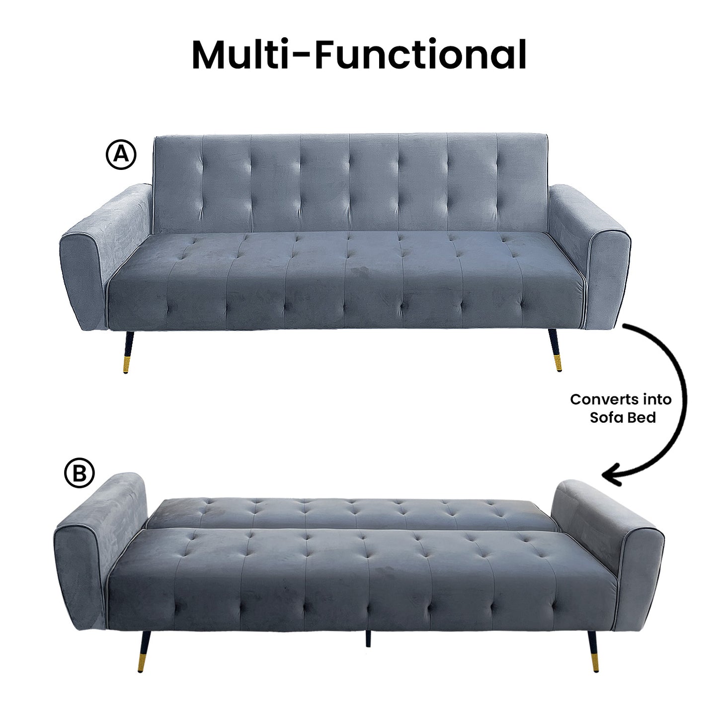 Milli 3-Seater Tufted Velvet Sofa Bed - Light Grey