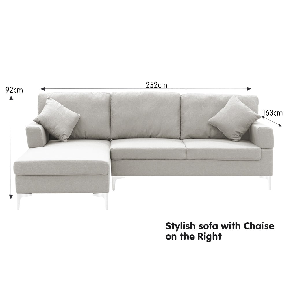 Mio 3-Seater L-Shaped Linen Sofa Lounge Right Side Chaise Couch - Light Grey