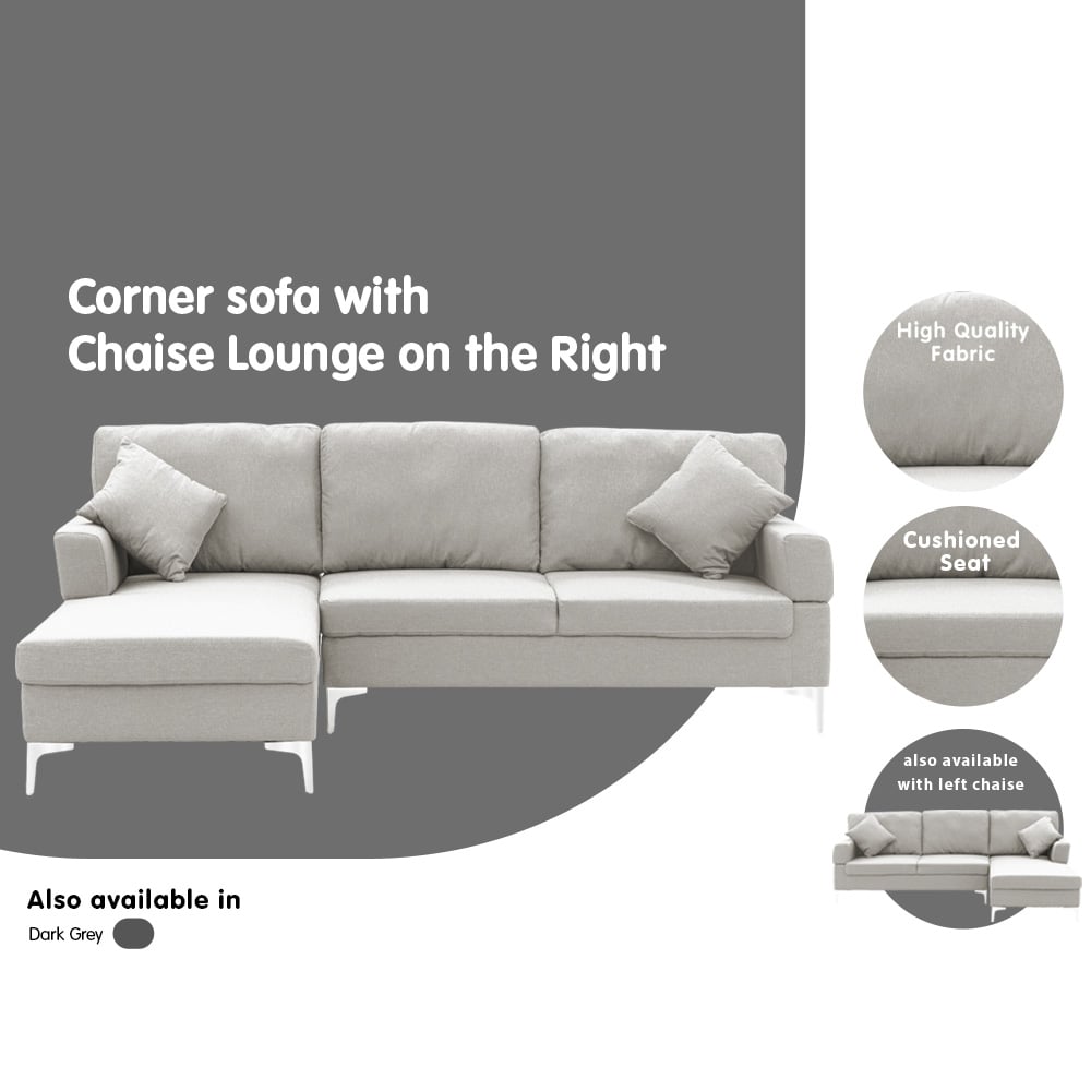 Mio 3-Seater L-Shaped Linen Sofa Lounge Right Side Chaise Couch - Light Grey