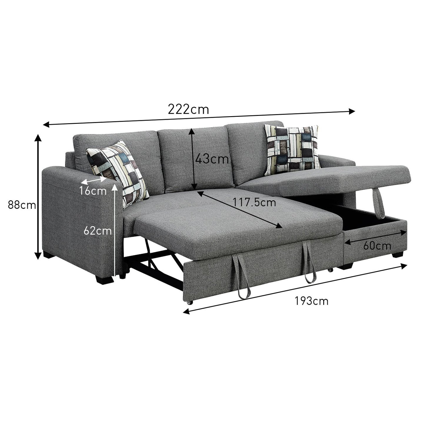 Meshi 3-Seater Pullout Sofa Bed with Storage Chaise Lounge - Grey