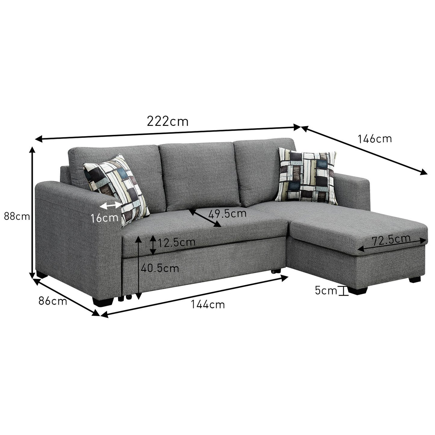 Meshi 3-Seater Pullout Sofa Bed with Storage Chaise Lounge - Grey