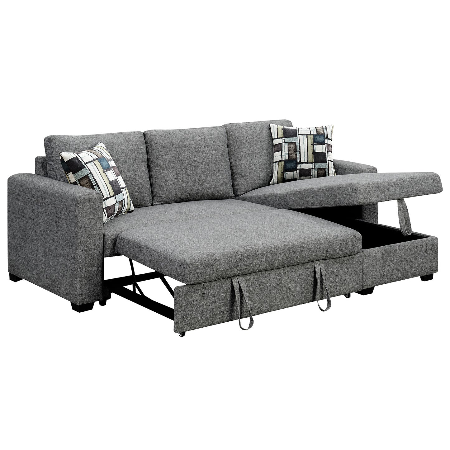 Meshi 3-Seater Pullout Sofa Bed with Storage Chaise Lounge - Grey
