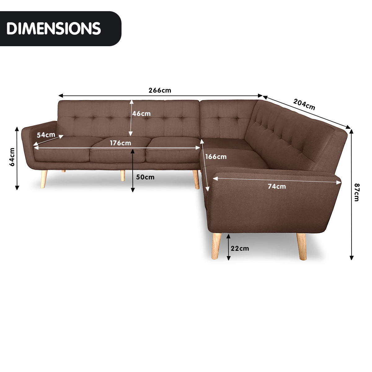 Maple 6-Seater L-Shaped Faux Linen Wooden Corner Sofa with Left Chaise - Brown