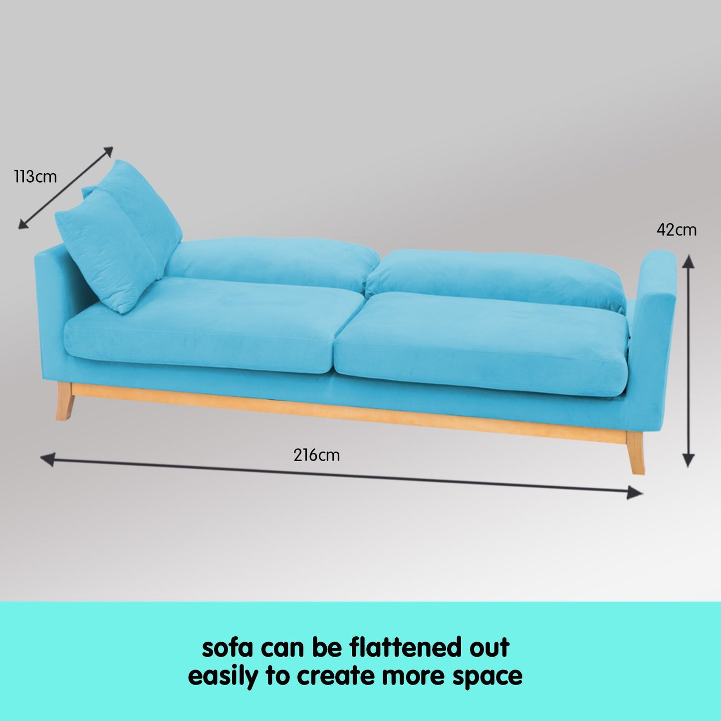 Molly 3-Seater Faux Velvet Wooden Sofa Bed Couch - Blue