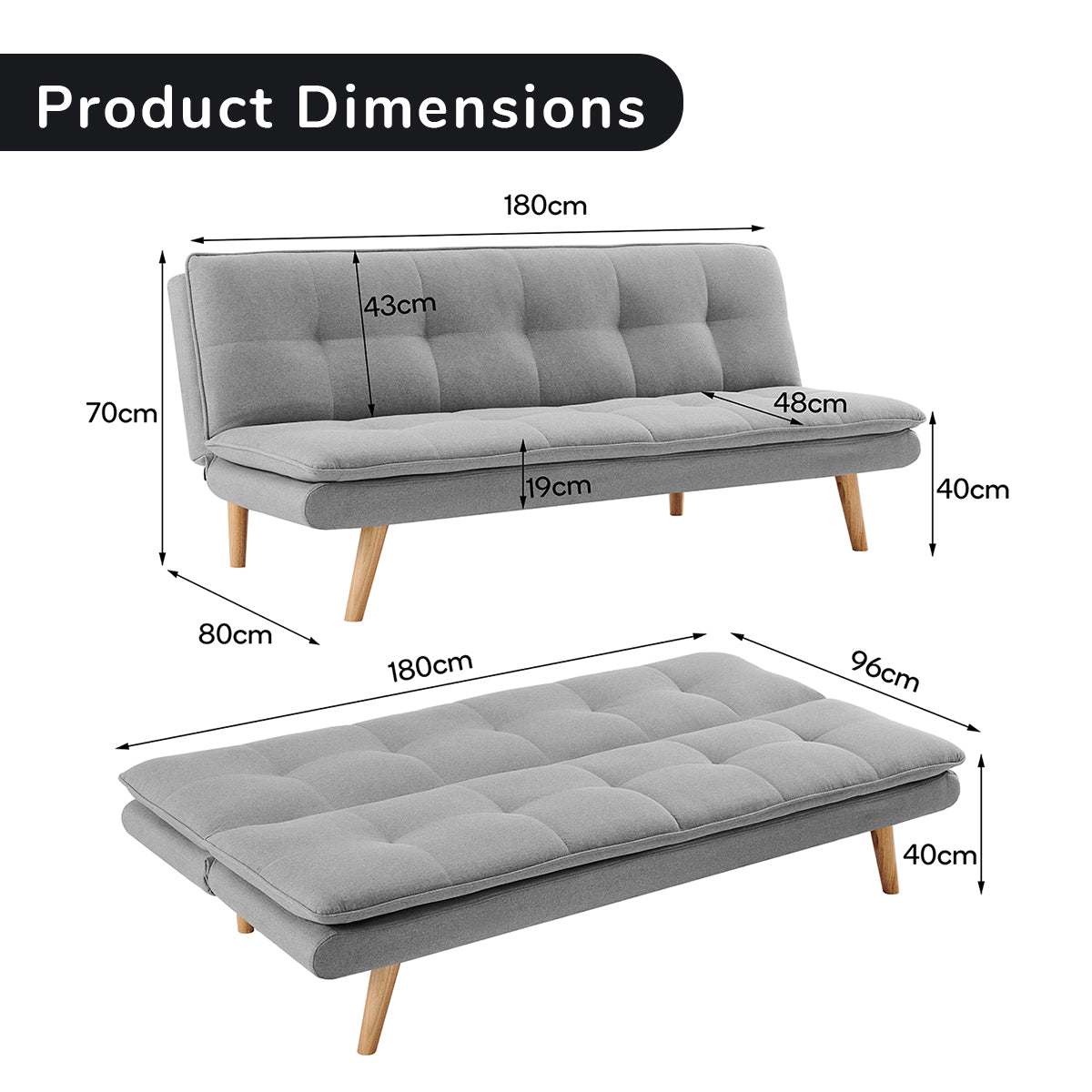 Matilda 3-Seater Linen Futon Sofa Bed Lounge - Light Grey