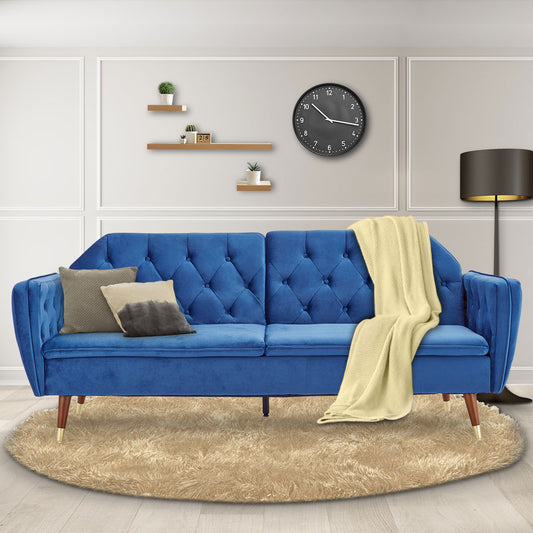 Marissa 2-Seater Faux Velvet Tufted Futon Sofa Bed Couch - Blue