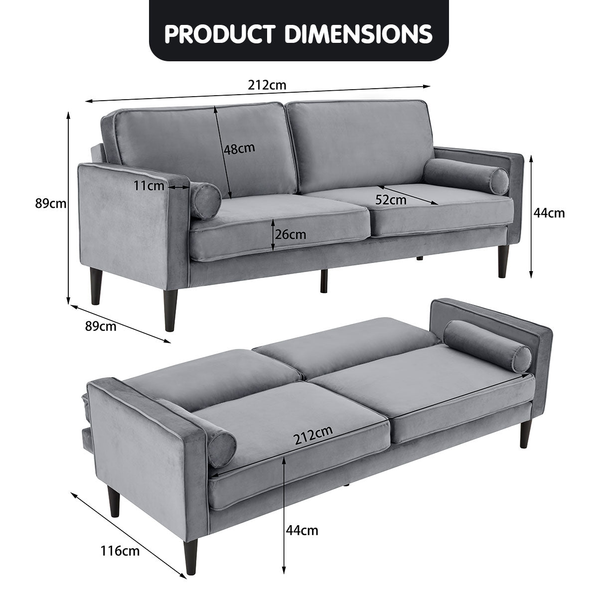 Melody 2-Seater Faux Velvet Suite Sofa Bed Lounge - Grey