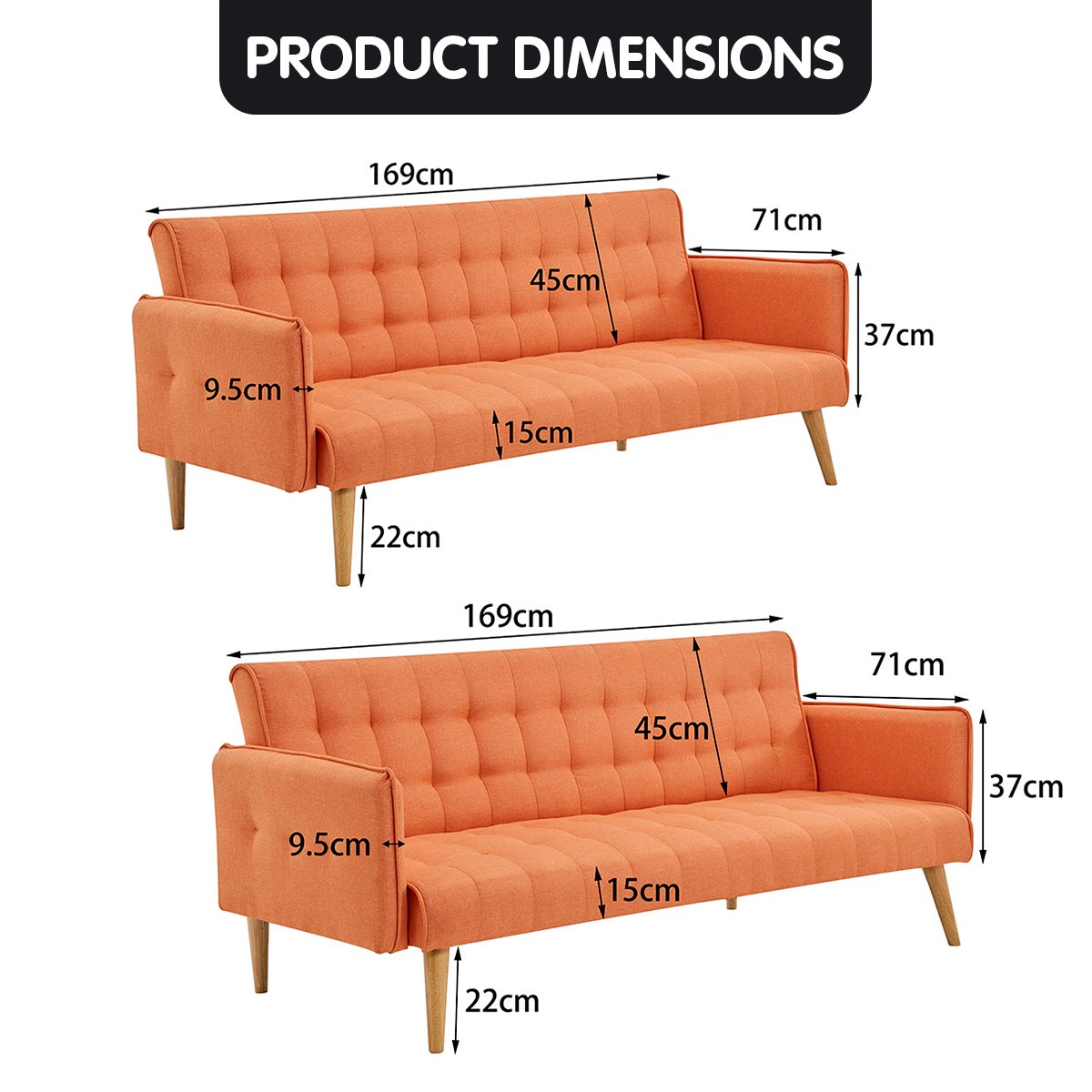 Magnolia 3-Seater Linen Fabric Armrest Modular Sofa Bed Couch - Orange