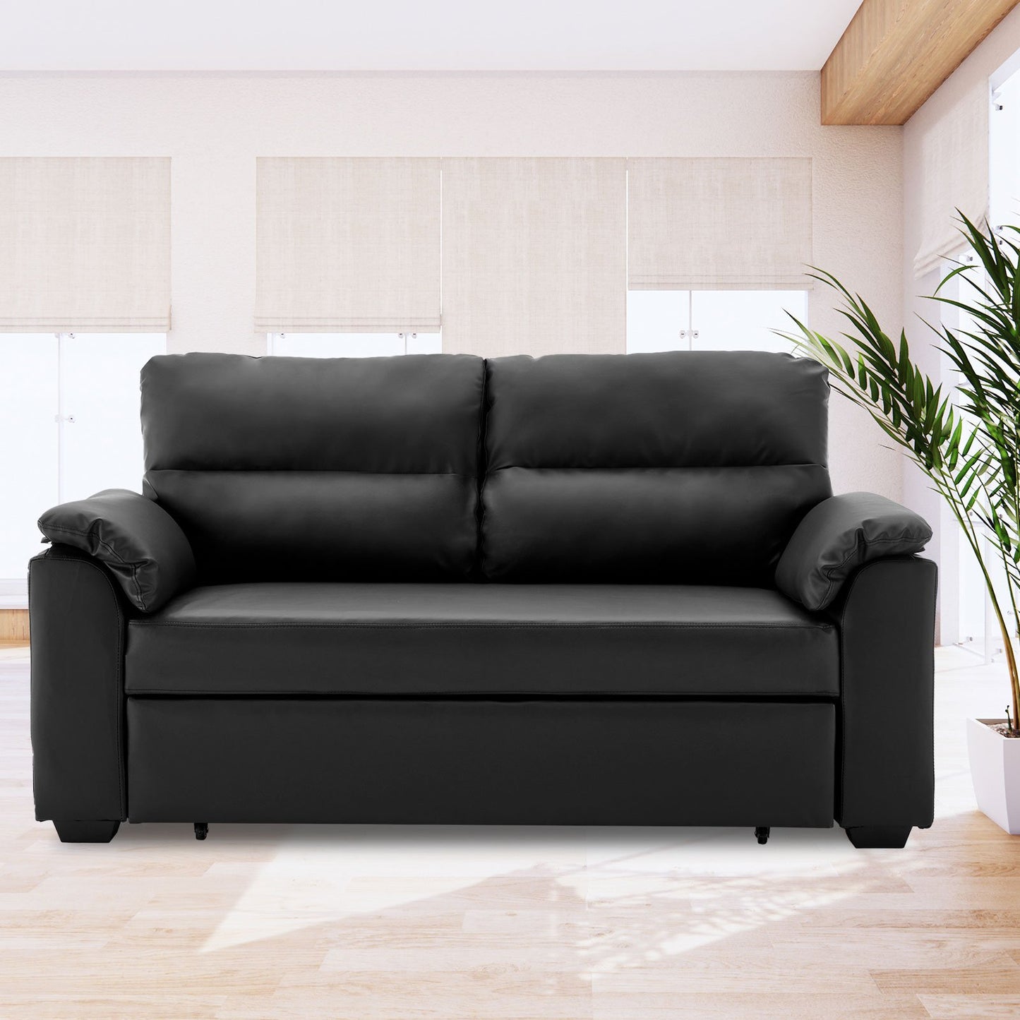 Maisie 2-Seater Faux Leather Sofa Bed Lounge Couch - Black