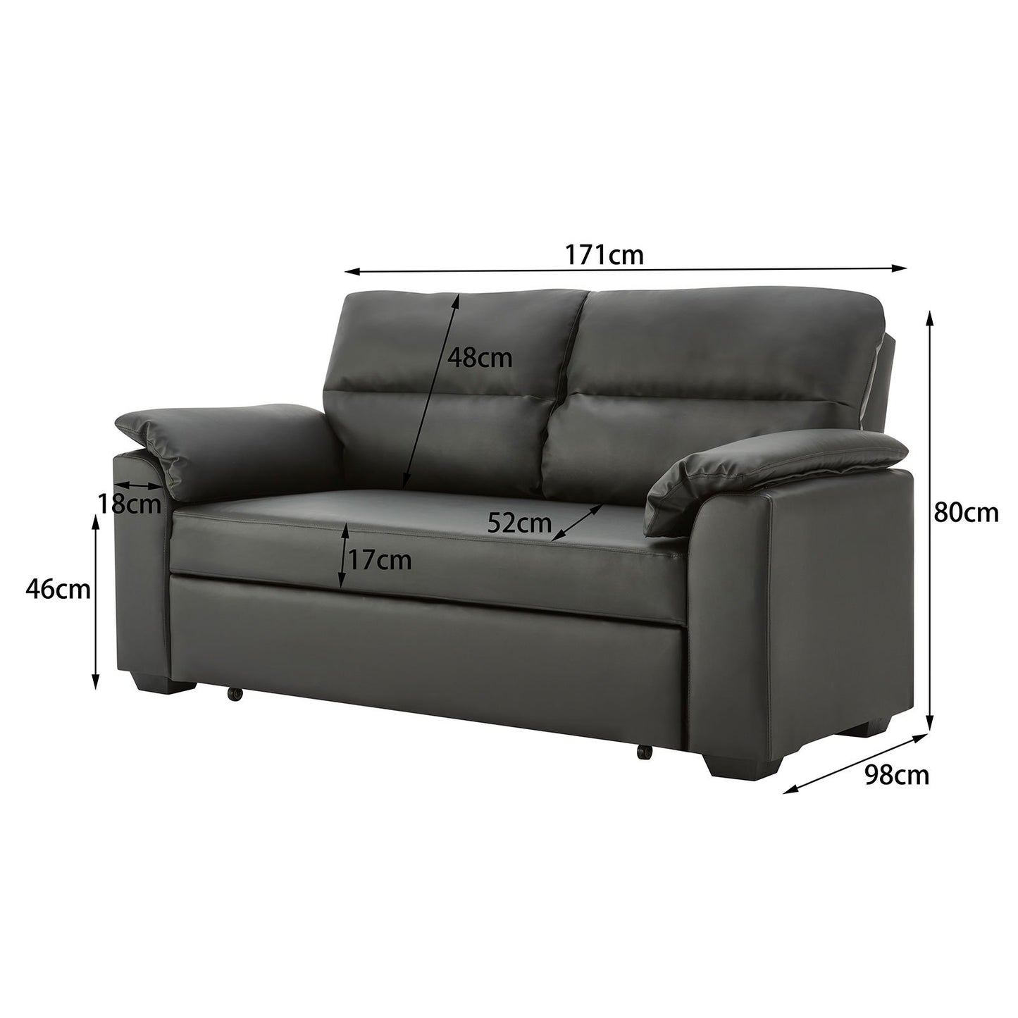 Maisie 2-Seater Faux Leather Sofa Bed Lounge Couch - Black