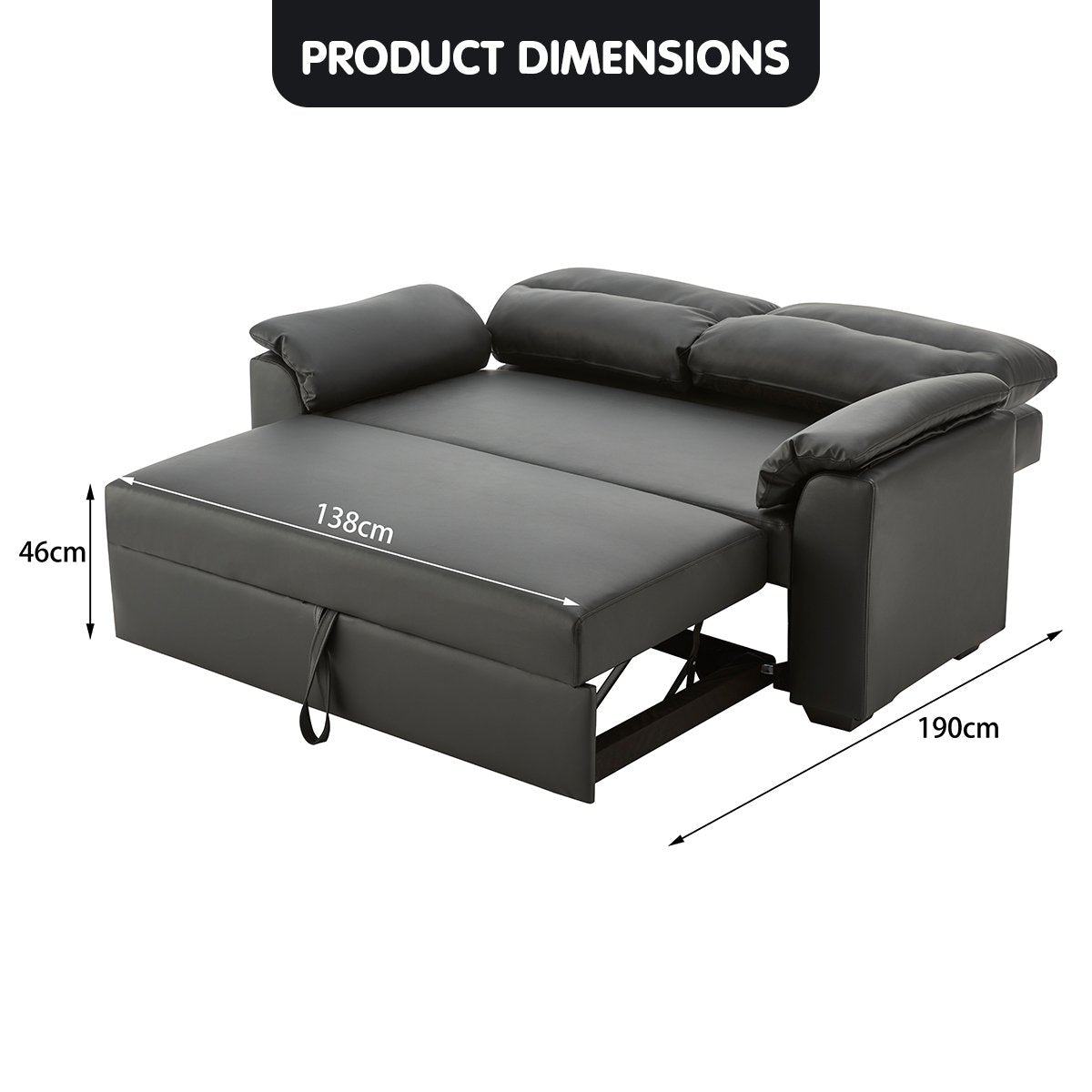 Maisie 2-Seater Faux Leather Sofa Bed Lounge Couch - Black