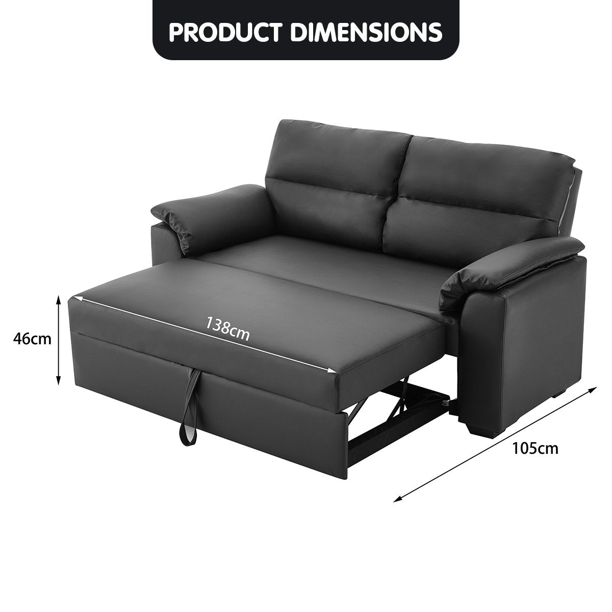 Maisie 2-Seater Faux Leather Sofa Bed Lounge Couch - Black