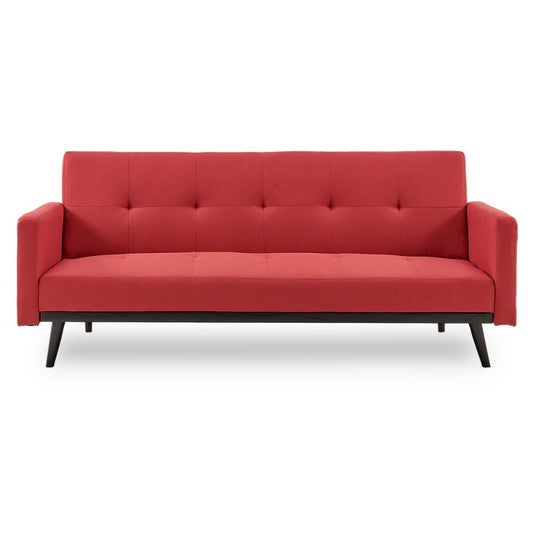 Matia 3-Seater Tufted Faux Linen Sofa Bed with Armrests - Red