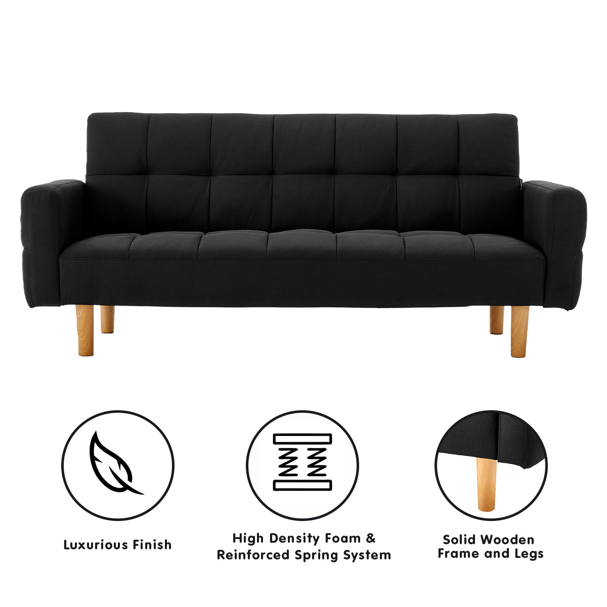 Morgana 3-Seater Fabric Futon Sofa Bed - Black