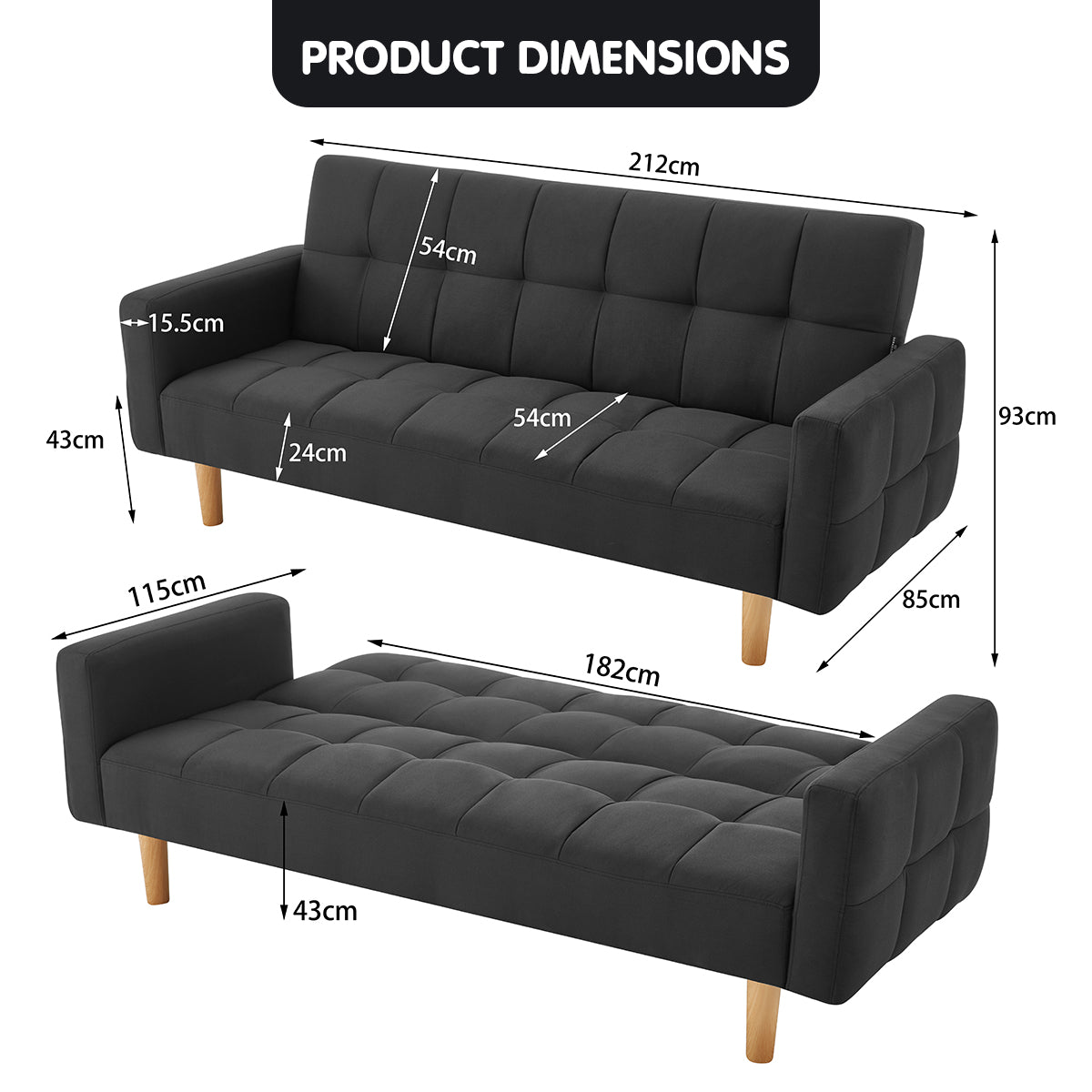 Morgana 3-Seater Fabric Futon Sofa Bed - Black