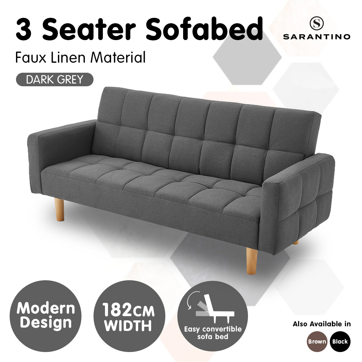 Morgana 3-Seater Fabric Futon Sofa Bed - Dark Grey