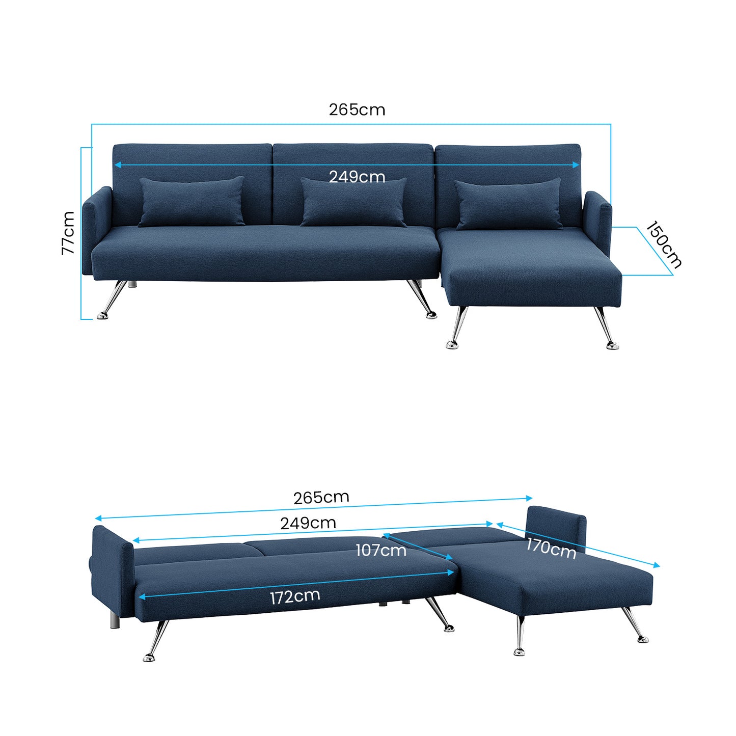 Merritt 3-Seater Chaise Sofa Bed with 3 Pillows - Blue