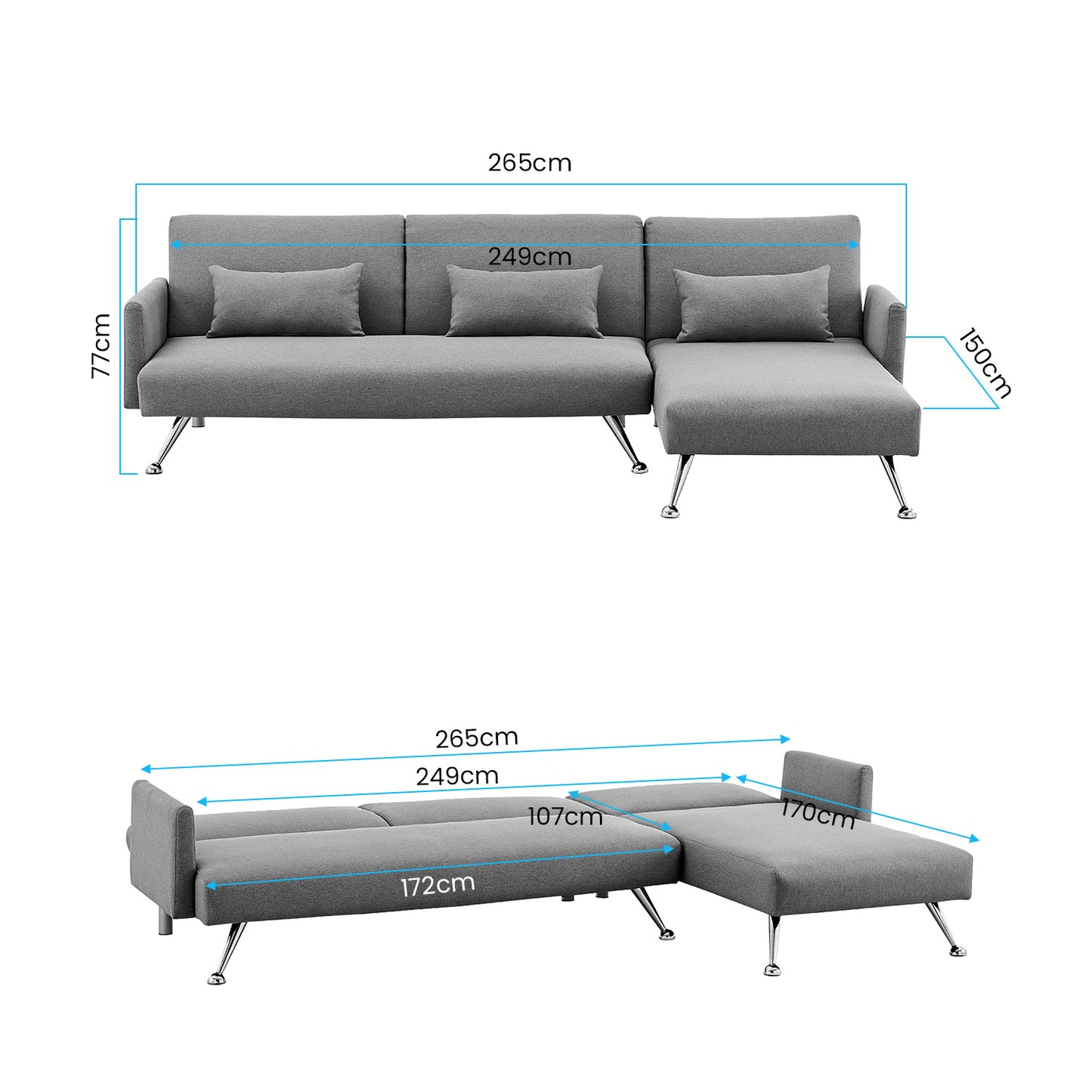 Merritt 3-Seater Chaise Sofa Bed with 3 Pillows - Dark Grey