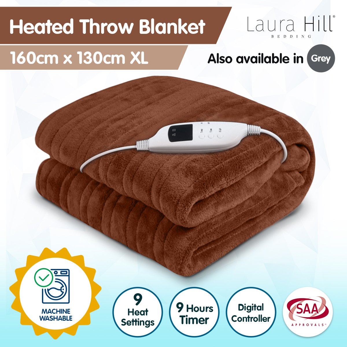 Heated Electric Blanket Throw Rug Coral Warm Fleece - Brown