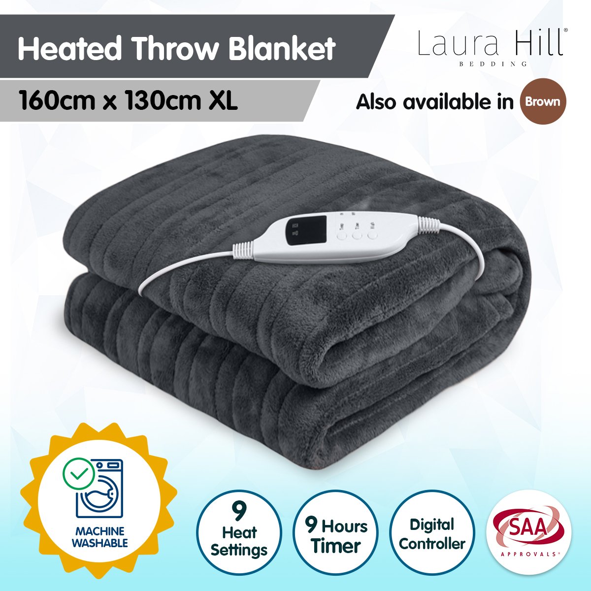 Heated Electric Blanket Throw Rug Coral Warm Fleece - Grey
