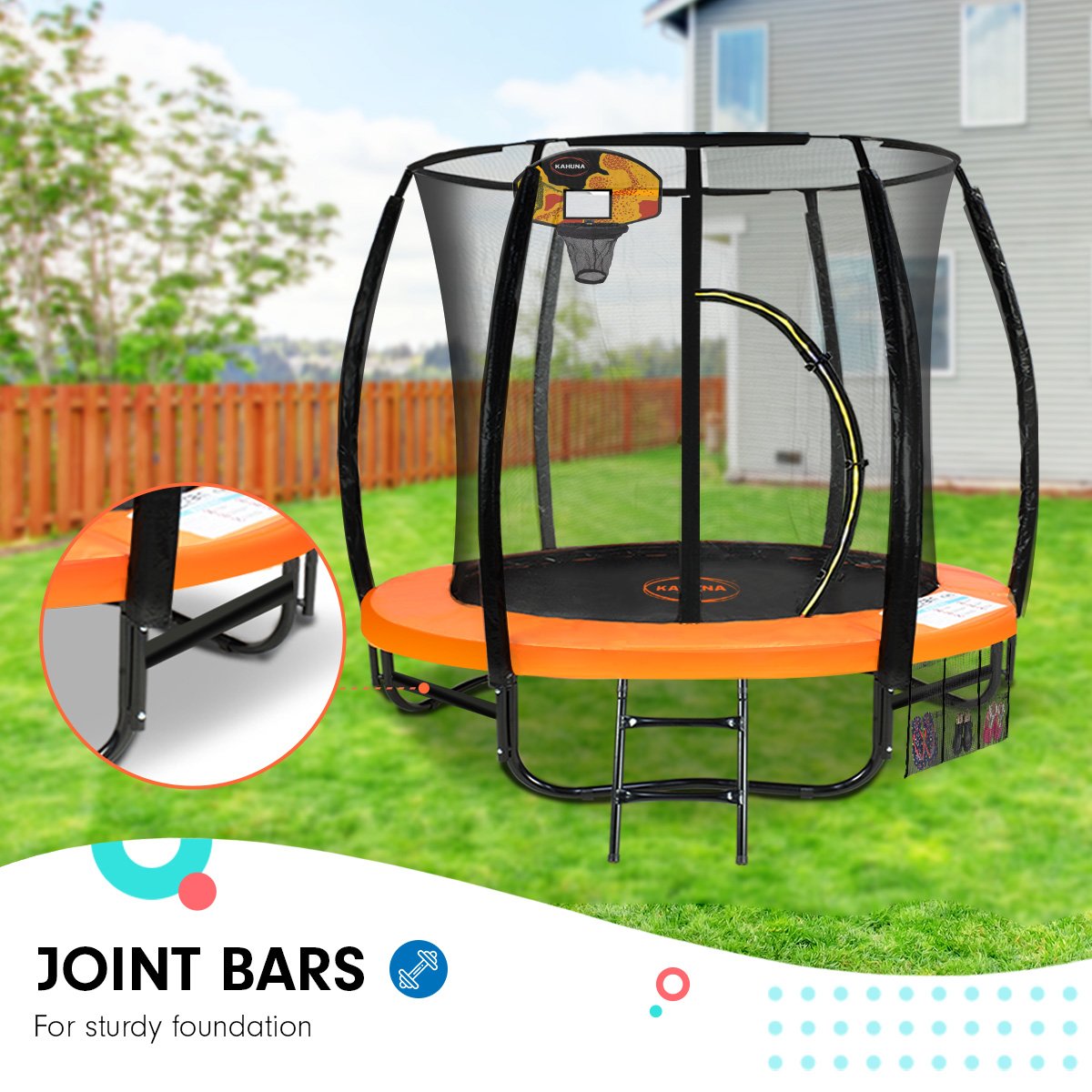 Kahuna Trampoline for Kids 8FT Outdoor Orange and Children Suited for Fitness Exercise Gymnastics with Safety Enclosure Basketball Hoop Set