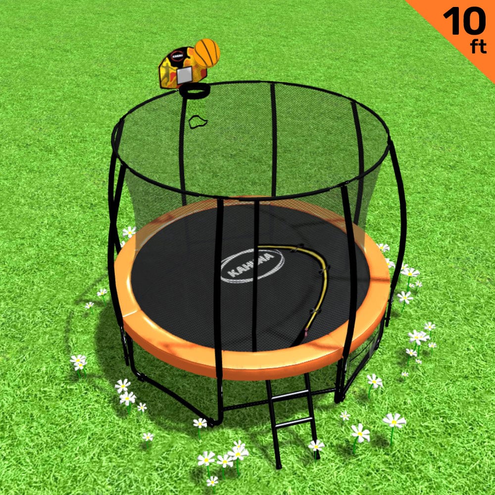 10ft Outdoor Trampoline Kids Children With Safety Enclosure Mat Pad Net Ladder Basketball Hoop Set - Orange