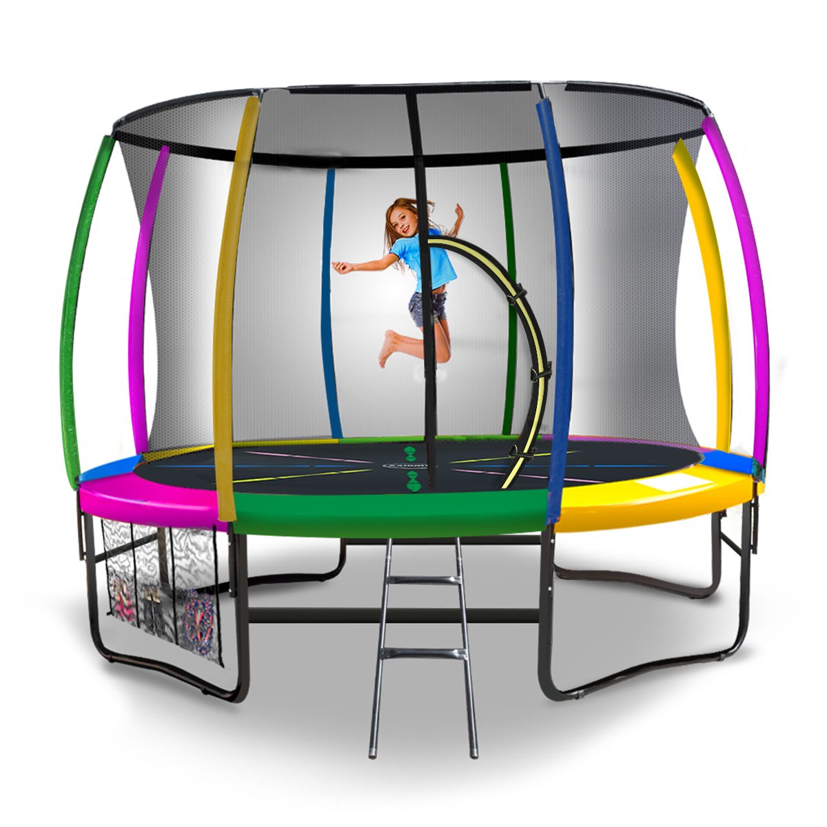 Kahuna Trampoline for Kids 10FT Outdoor Children with Safety Enclosure Pad Mat Ladder - Rainbow