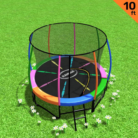 Kahuna Trampoline for Kids 10FT Outdoor Children with Safety Enclosure Pad Mat Ladder - Rainbow