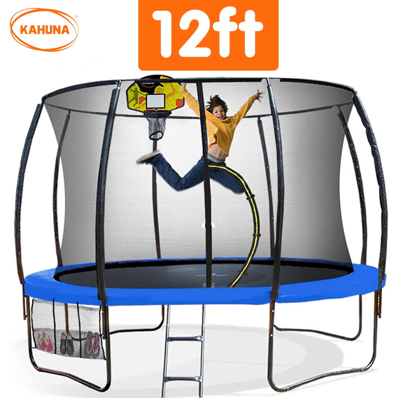 12ft Outdoor Trampoline Kids Children With Safety Enclosure Pad Mat Ladder Basketball Hoop Set - Blue