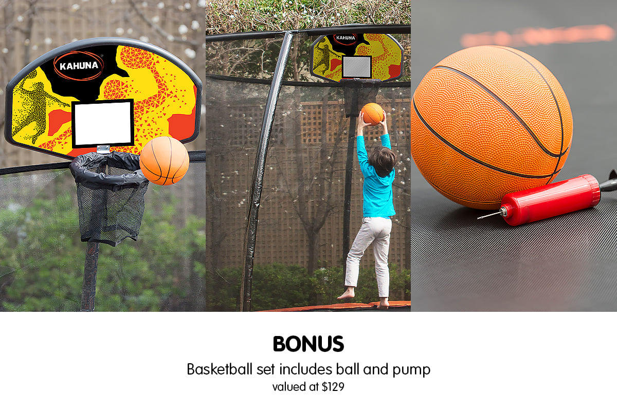 Kahuna Trampoline for Kids 12FT Outdoor Children with Safety Enclosure Pad Mat Ladder Basketball Hoop Set - Blue