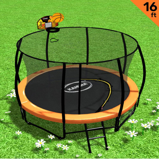 Kahuna Trampoline for Kids 16FT Outdoor Children with Safety Enclosure Pad Mat Ladder Basketball Hoop Set - Orange