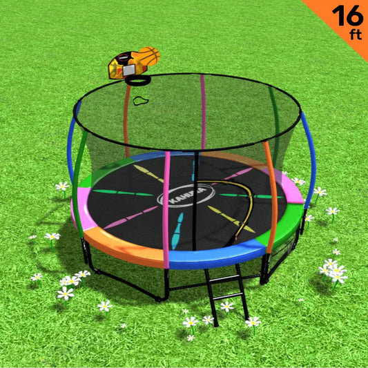 16ft Outdoor Trampoline Kids Children With Safety Enclosure Pad Mat Ladder Basketball Hoop Set - Rainbow