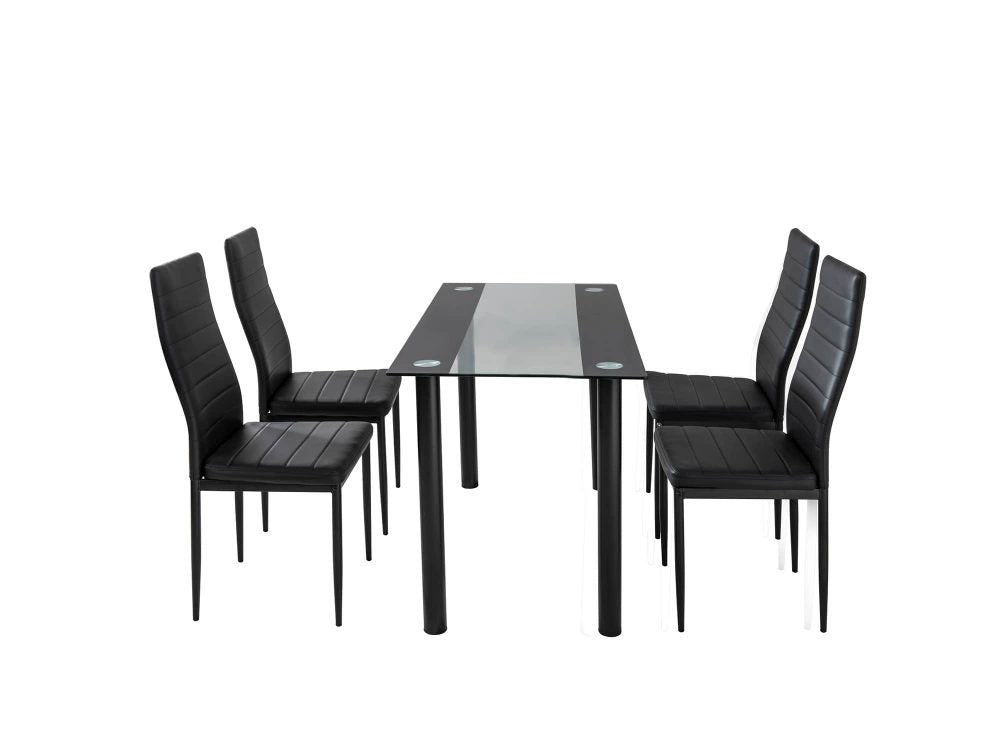 5-Piece Tazio Black Dining Table & Chair Set Dinner Glass Leather Kitchen