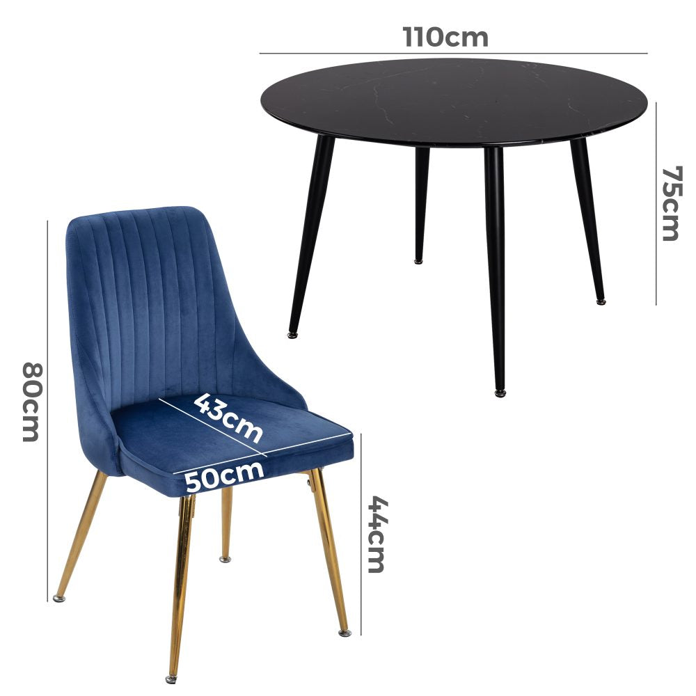 5-Piece Ermes Blue Dining Table & Chair Set Velvet Bistro