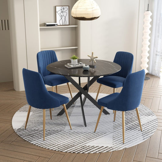 5-Piece Lello Blue Dining Table & Chair Set Marble Velvet