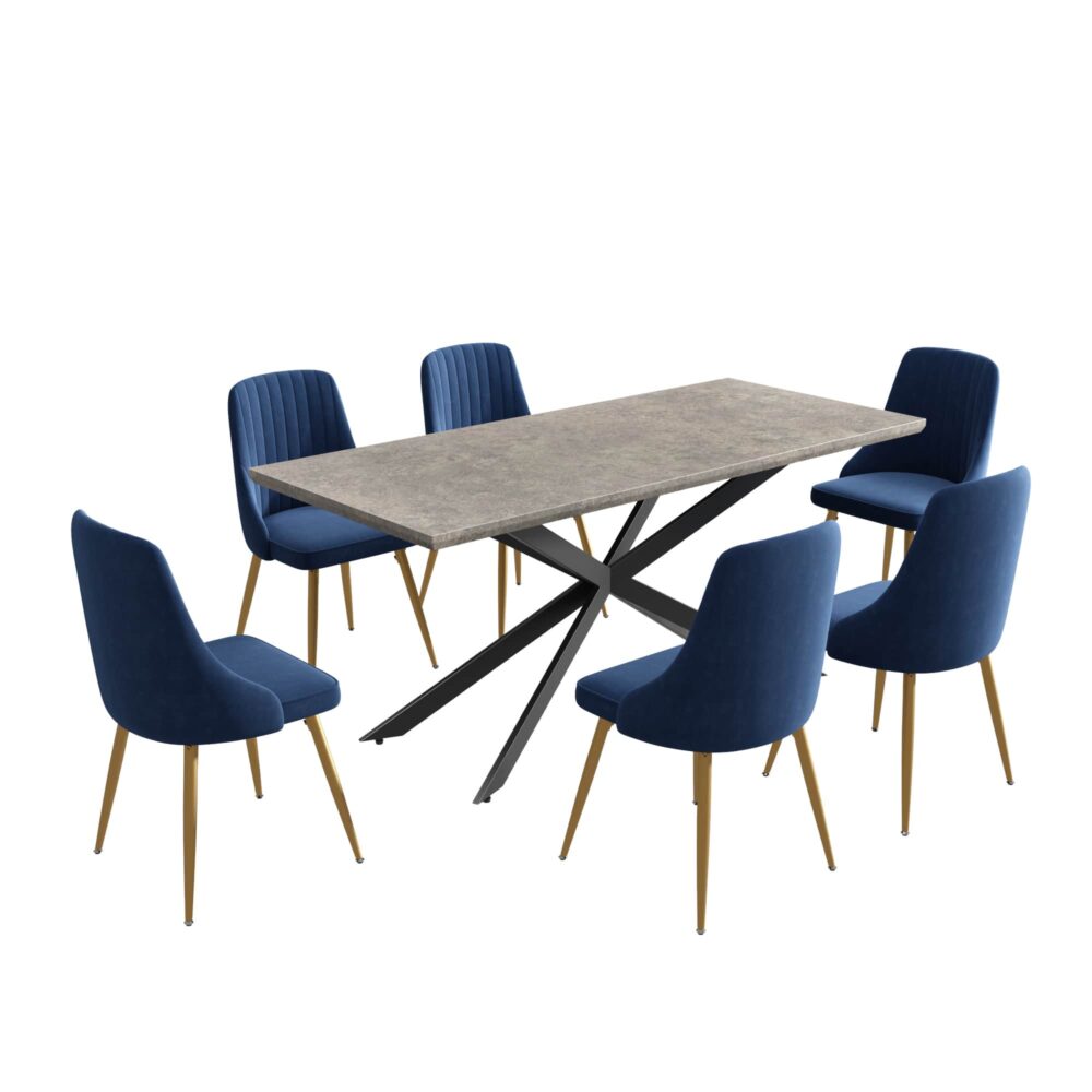 6-Piece Dario Navy Dining Table & Chair Set Rectangular Velvet Banquet