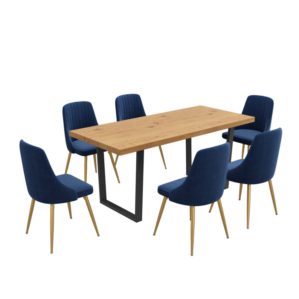 6-Piece Zelma Blue Dining Table & Chair Set Velvet