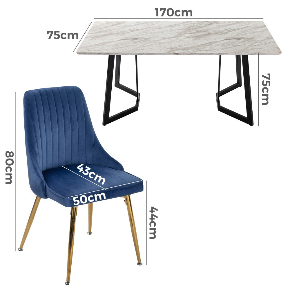 6-Piece Zelma Blue Dining Table & Chair Set Marble Bliss Velvet