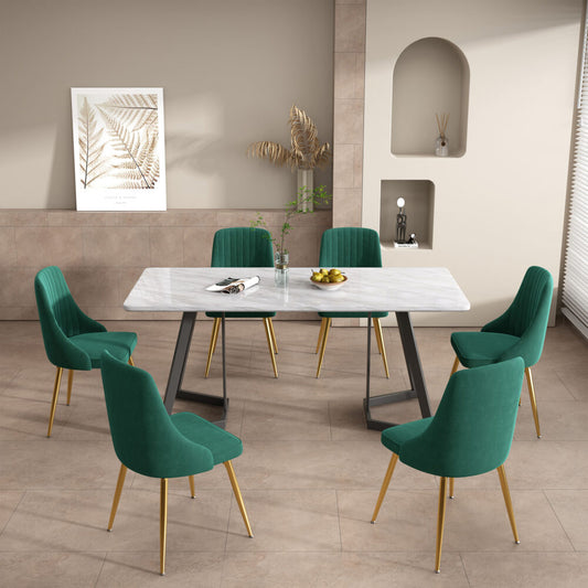 6-Piece Zelma Green Dining Table & Chair Set Marble Bliss Velvet
