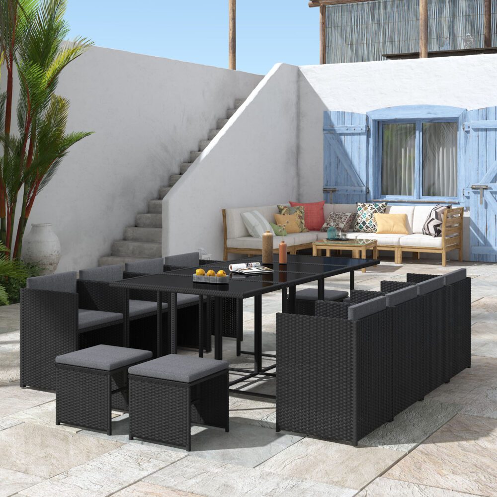 Drew 12-Seater Outdoor Furniture Setting 13-Piece Dining Set - Black