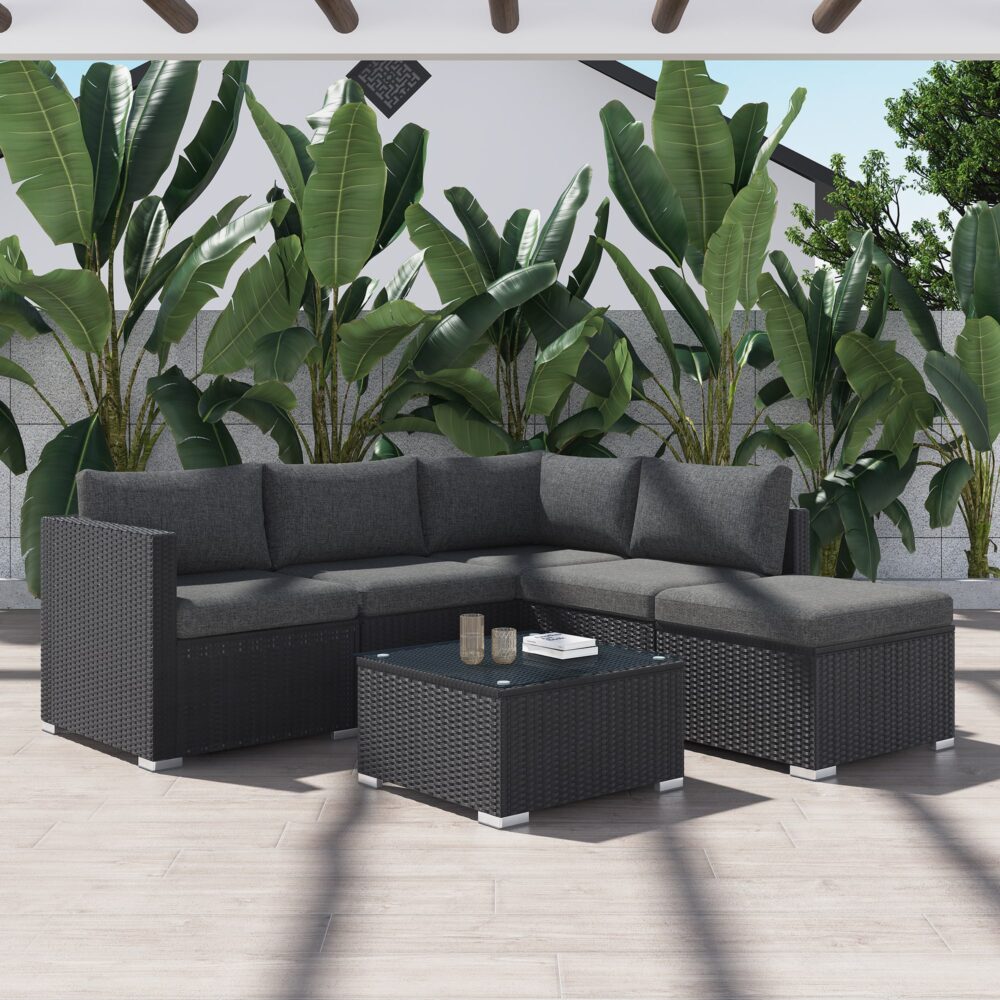 Perry 5-Seater Ottoman-Style Outdoor Lounge Set - Black