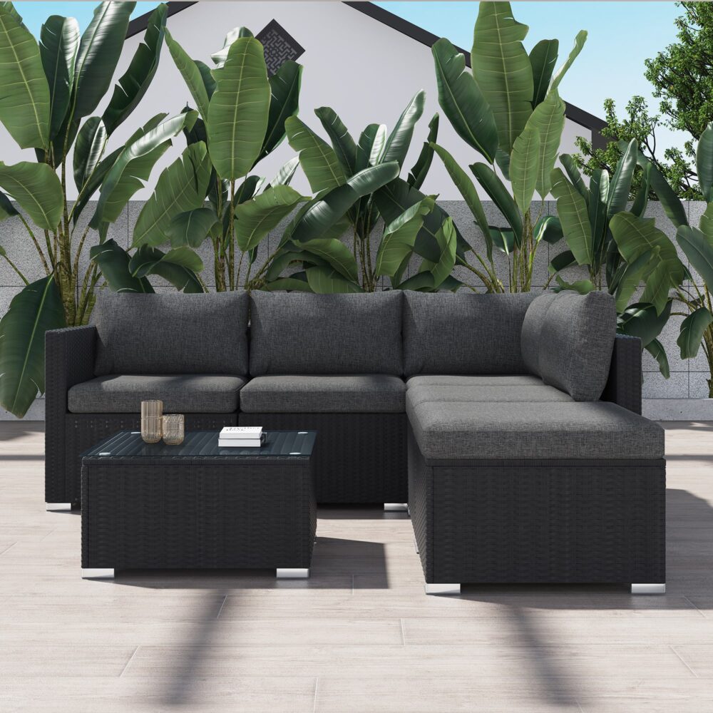 Perry 5-Seater Ottoman-Style Outdoor Lounge Set - Black