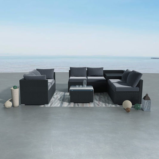 Spencer 7-Seater Furniture Modular Lounge Sofa 8-Piece Outdoor Sofa - Black