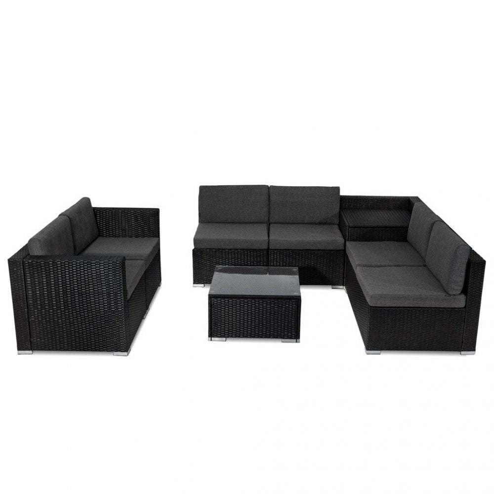 Spencer 7-Seater Furniture Modular Lounge Sofa 8-Piece Outdoor Sofa - Black