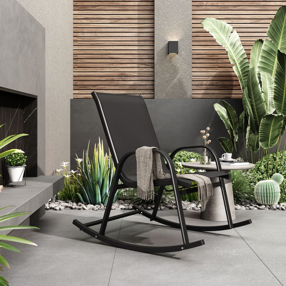Ellise Rocking Chair High Back Rocker Chairs Steel Metal Textilene Fabric - Black