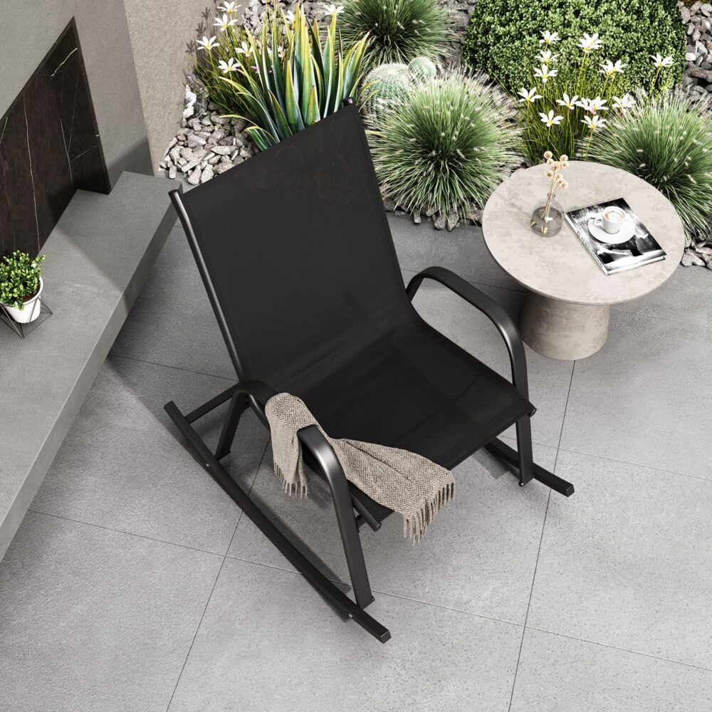Ellise Rocking Chair High Back Rocker Chairs Steel Metal Textilene Fabric - Black