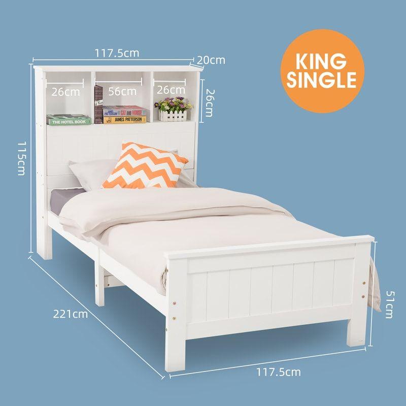 Macey Solid Pine Timber Bed Frame With Bookshelf Headboard no Drawers - White King Single