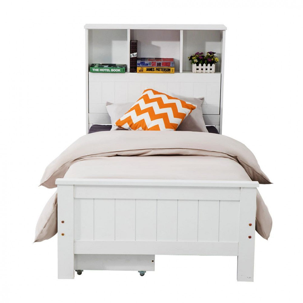 Macey Solid Pine Timber Bed Frame With Bookshelf Headboard no Drawers - White King Single