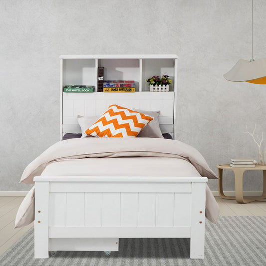 Macey Solid Pine Timber Bed Frame With Bookshelf Headboard no Drawers - White Single